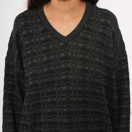 90s Tricots St Raphael Charcoal V-Neck Wool Sweater Checkerboard Knit Extra Large XL