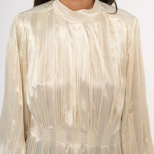 80s Nilani Ivory Satin Blouse Peplum High Neck Bishop Sleeve Small