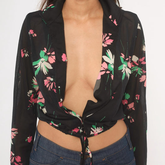70s Black Floral Tie-Front Blouse Deep V-Neck Long Sleeve Medium M
