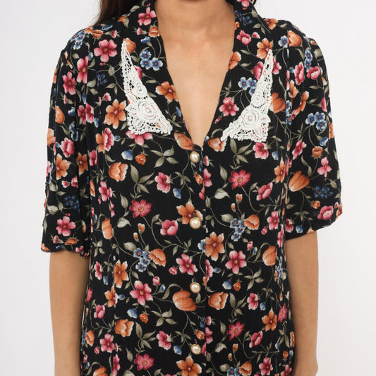 90s Basia Floral Midi Dress Black Lace Collar Pearl Buttons Medium