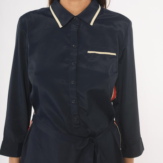 Tommy Hilfiger Navy Mini Dress 2000s Striped Collared Shirt Dress Medium M