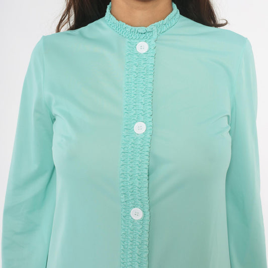 70s Loungewear by Gossard Mint Maxi Housecoat Smocked Ruffle Small
