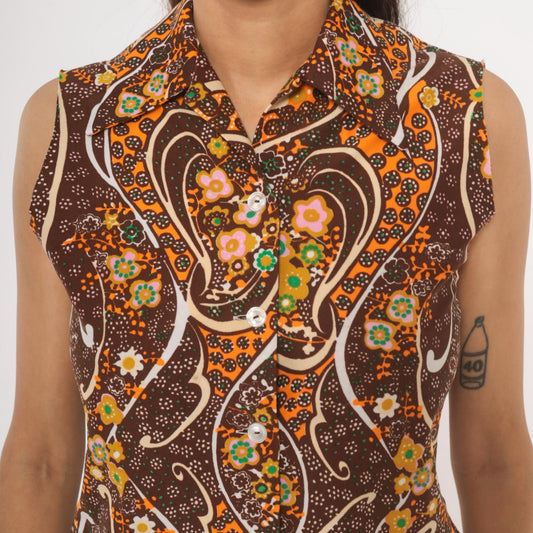 70s Psychedelic Paisley Sleeveless Blouse Brown Orange Floral Swirl Medium M