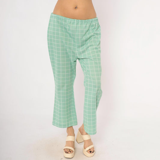 70s Mint Plaid Kick Flare Pants White Windowpane Grid Cropped Medium Large