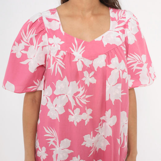 80s Pink Floral Maxi Dress Tropical Hibiscus Puff Sleeve Sweetheart Medium M