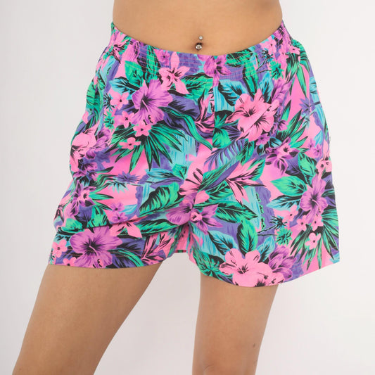 90s Op Neon Tropical Floral Shorts Pink Purple Green Hibiscus Medium M