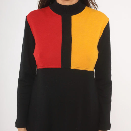 80s Karin Stevens Color Block Mini Dress Red Mustard Mock Neck Medium