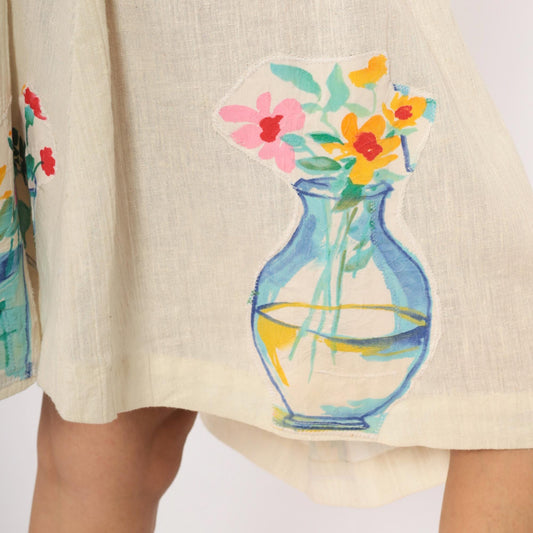 90s Cream Linen A-Line Mini Skirt Watercolor Floral Vase Appliqué Medium