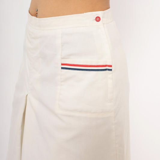 70s White Pleated Culottes Red Navy Stripe Trim Cotton Preppy Medium M