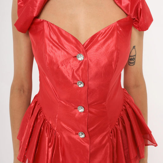 90s Climax Karen Okada Red Satin Corset Top Peplum Sweetheart Neckline XS