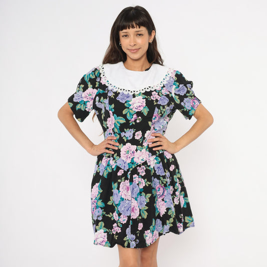 90s Ms. Basia California Floral Drop Waist Dress Black Rose Print Knee Length Large