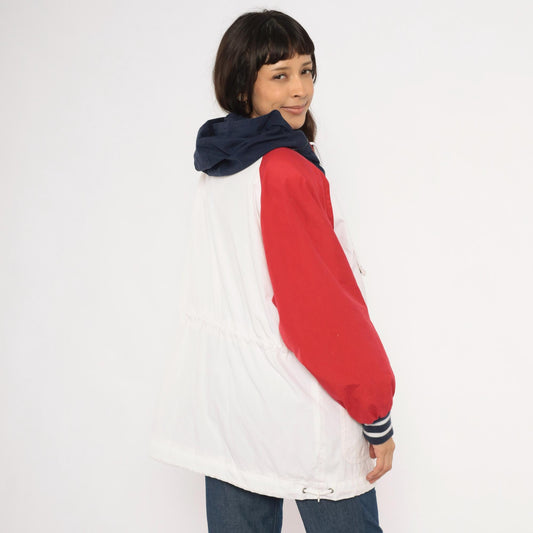 90s Mulberry Street Colorblock Windbreaker Hooded Snap Jacket White Red Navy Medium M