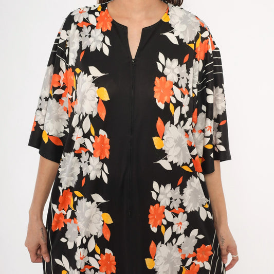 70s Miss Tique California Floral Kaftan Maxi Dress Black Orange Medium M