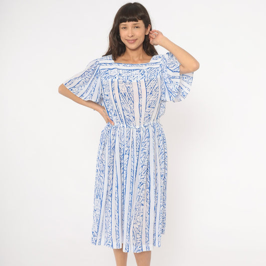 80s Top Act Abstract Stripe Dress Blue White Flutter Sleeve Knee Length Large L
