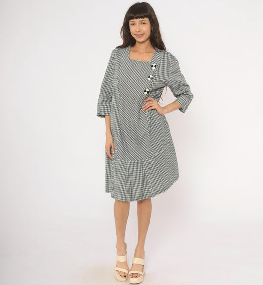 90s Be My Baby Black White Gingham Check Dress Square Neck Medium M