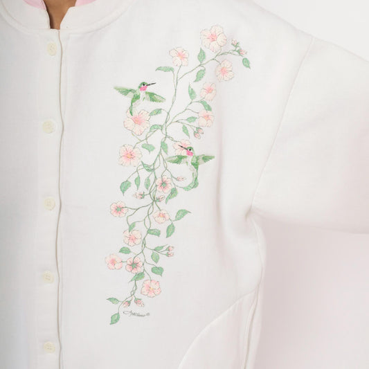 90s Artisans Hummingbird Floral Button Cardigan White Pink Cotton Large XL