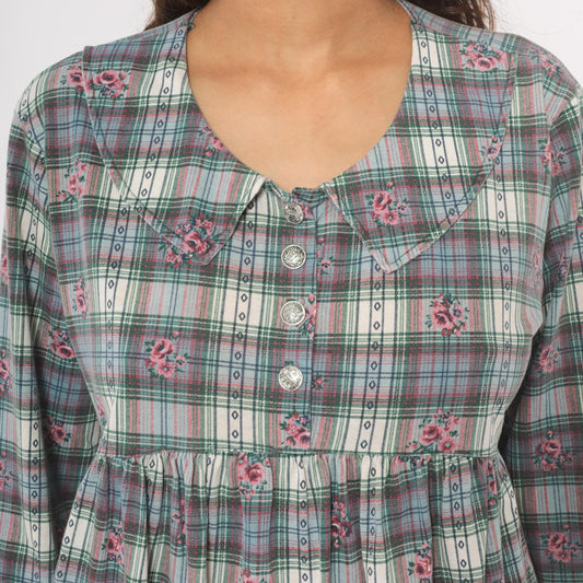 90s New Addition Maternity Floral Plaid Mini Dress Peter Pan Collar Pink Medium M