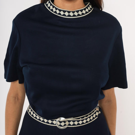60s Marta D Navy A-Line Dress Cream Diamond Trim Belted Midi Large L