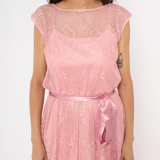 80s Rose Pink Lace Midi Dress Cap Sleeve Scalloped Hem Small S