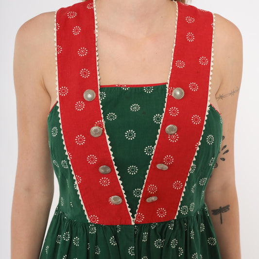 60s Muchner Kindermoden Dirndl Dress Green Floral Red Bodice Square Neck Extra Small