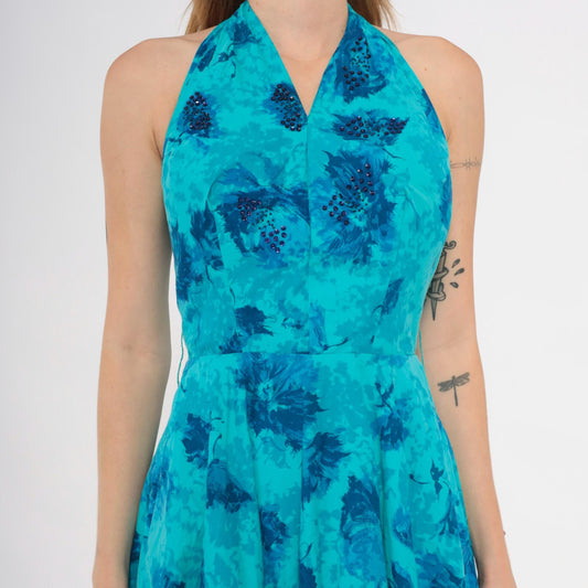 1950s Makoff Halter Dress Turquoise Floral Rhinestone Pleated Circle Skirt Extra Small XS