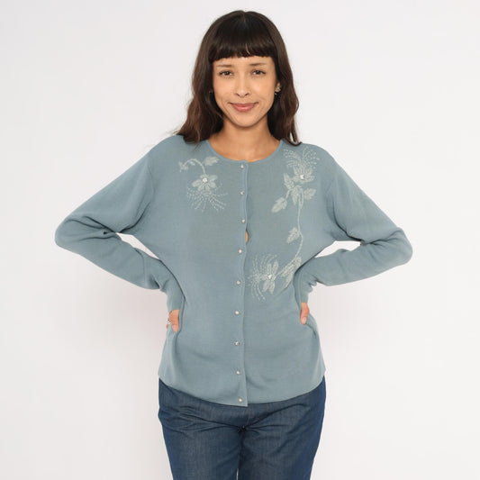 Saks Fifth Avenue 90s Powder Blue Cardigan Embroidered Floral Beaded Medium