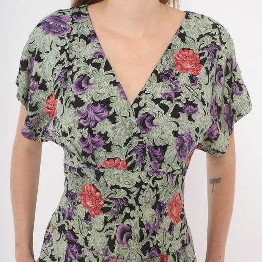 90s All That Jazz Floral Maxi Dress Purple Black Surplice V-Neck Medium M