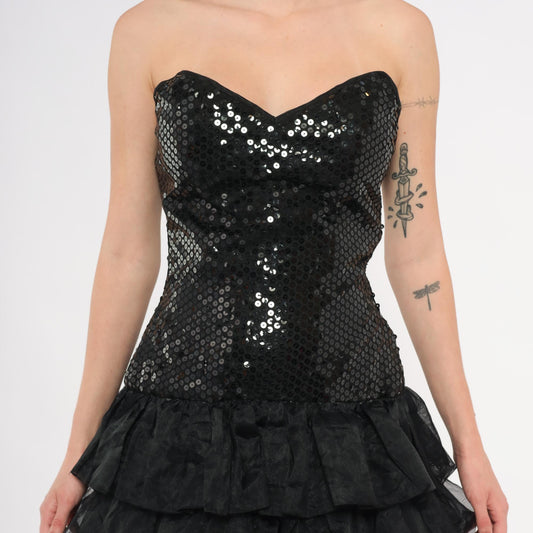 80s Tadashi Sequin Strapless Dress Sweetheart Neckline Tiered Ruffle Mini Black Small S