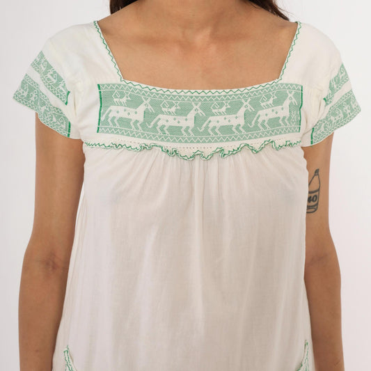 80s White Green Embroidered Deer Mini Dress Cotton Puff Sleeve Square Neck Extra Small XS