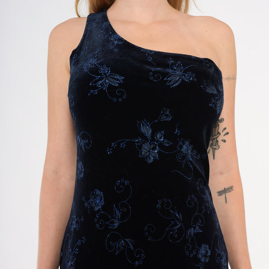 90s Pulse Navy Velvet Maxi Gown One-Shoulder Glitter Floral Asymmetric Slit Large L