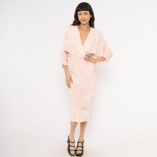 80s DQ Fashions Blush Pink Midi Dress Lace Collar V-Neck Small S