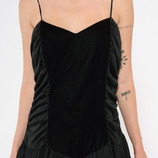 90s Black Velvet Party Dress Drop Waist Sweetheart Neckline Knee Length Large L
