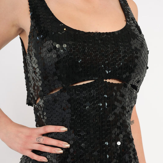 90s Niteline Black Sequin Mini Dress Cutout Waist Scoop Neck Medium M