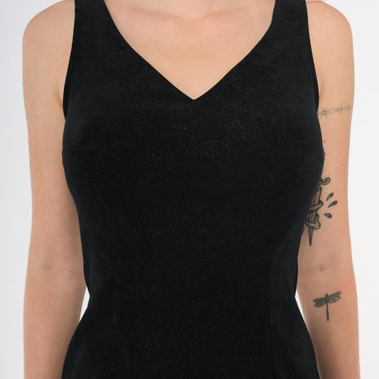 90s Splurge Black Glitter Mini Dress V Neck Sleeveless Bodycon Extra Small XS