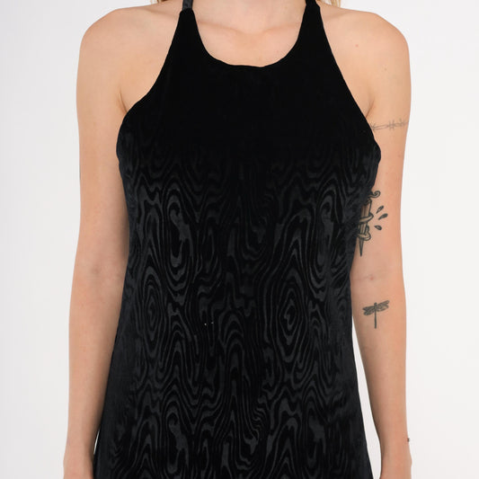 90s Mimosa Black Velvet Halter Mini Dress Swirl Pattern Small