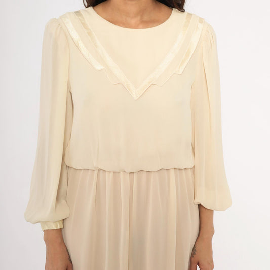 80s Street Scene Cream Chiffon Dress Bishop Sleeve V-Trim Knee-Length Small S