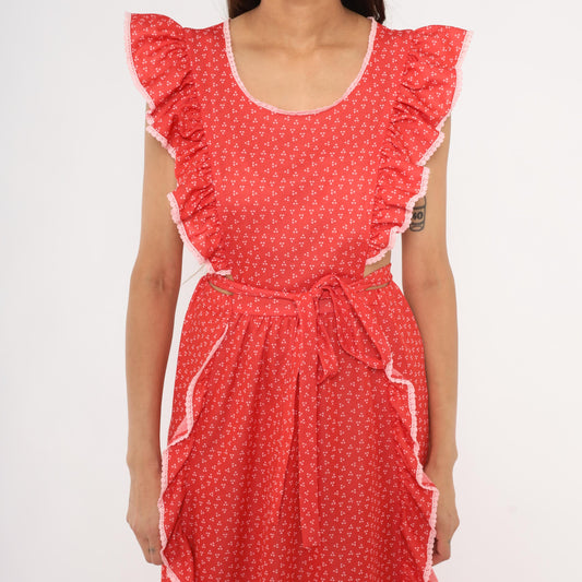70s Gay Gibson Red Calico Maxi Dress Flutter Sleeve Lace Trim Small