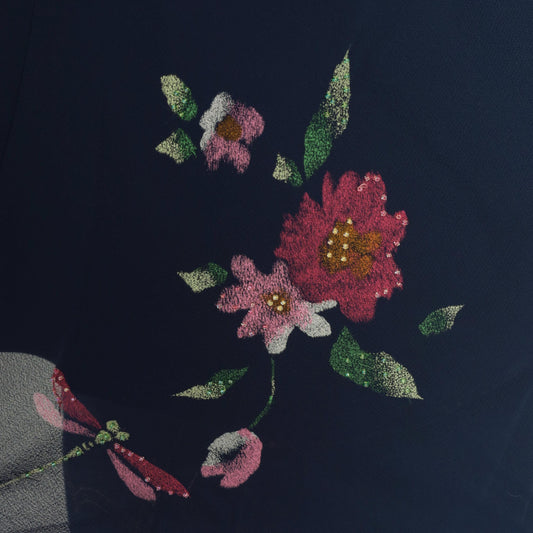 90s Karin Stevens Navy Floral Dragonfly Chiffon Blouse Flutter Sleeve Large L