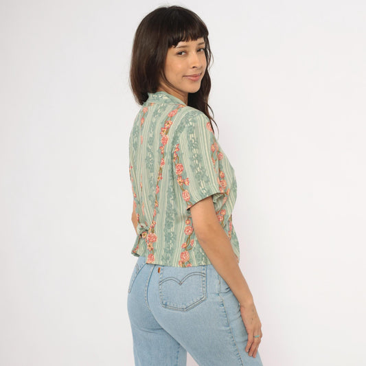 90s ICI Sage Green Striped Rose Vine Blouse V Neck Crop Top Large L