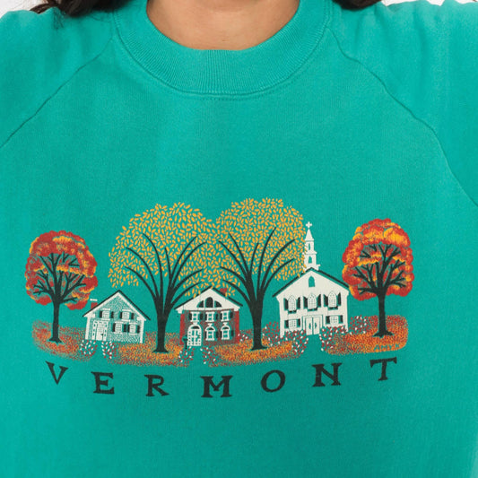 90s Vermont Autumn Village Teal Crewneck Sweatshirt Cotton Graphic Large L