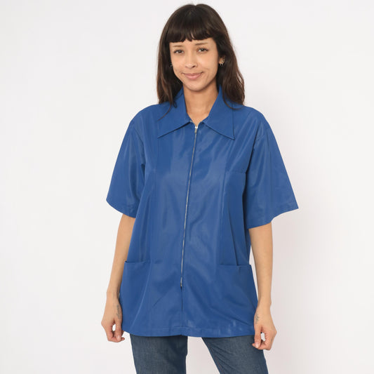 70s Sears Professional Apparel Cobalt Zip Jacket Short Sleeve Tunic Large