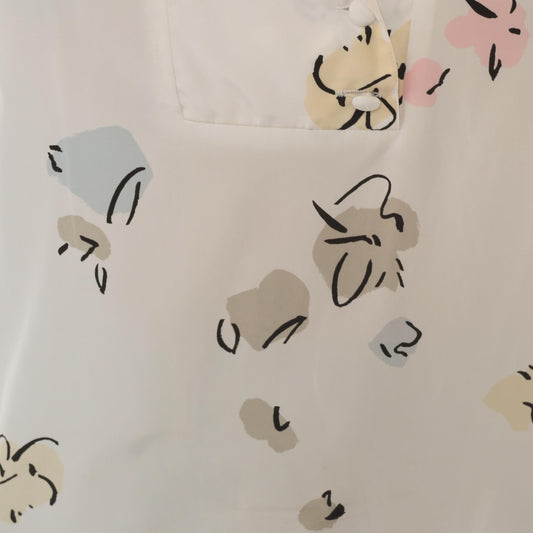 90s Liz Baker Abstract Floral Blouse Cream Shawl Collar V Neck Medium