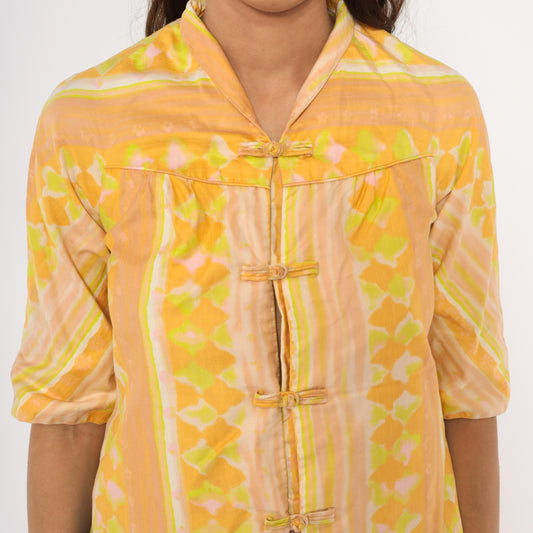 70s Frog Closure Blouse Yellow Geometric Print Mandarin Collar Three Quarter Sleeve Extra Small XS