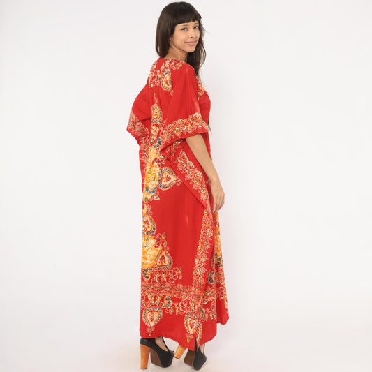 90s Red Paisley Batik Maxi Kaftan Empire Waist Flutter Sleeve Small Medium