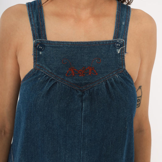 70s Joni Blair Denim Jumper Dress Blue Embroidered Pinafore XS