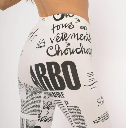 90s The Limited Newspaper Print Leggings Black White French Text XS