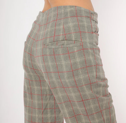 70s Grey Plaid Wool Blend Kick Flare Pants Red Windowpane Low Rise Medium M