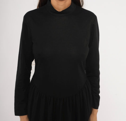 80s Vicky Vaughn Mock Neck Dress Black Drop Waist A-Line Medium M