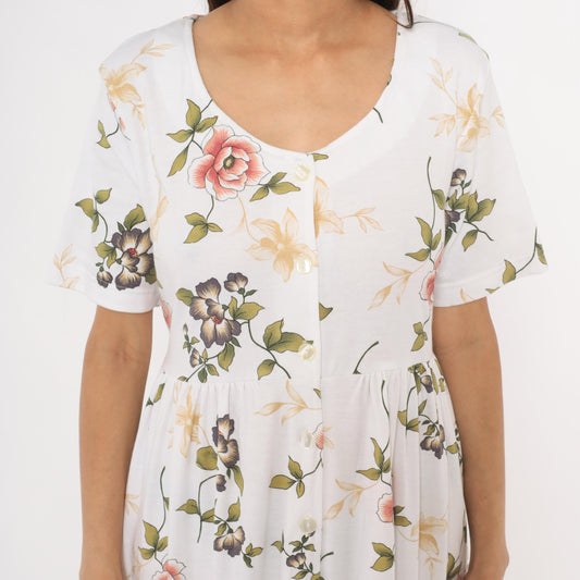 90s Bizzit Floral Maxi Dress White Pink Roses Short Sleeve Empire Waist Medium
