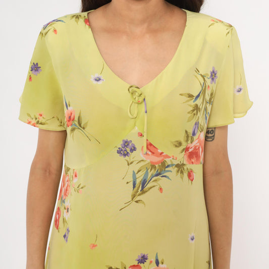 90s Yellow Floral Midi Dress Chiffon Flutter Sleeve Cottagecore Medium